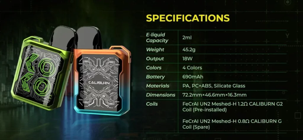 Caliburn GK2 Pod System Kit | 690mAh 18W spec