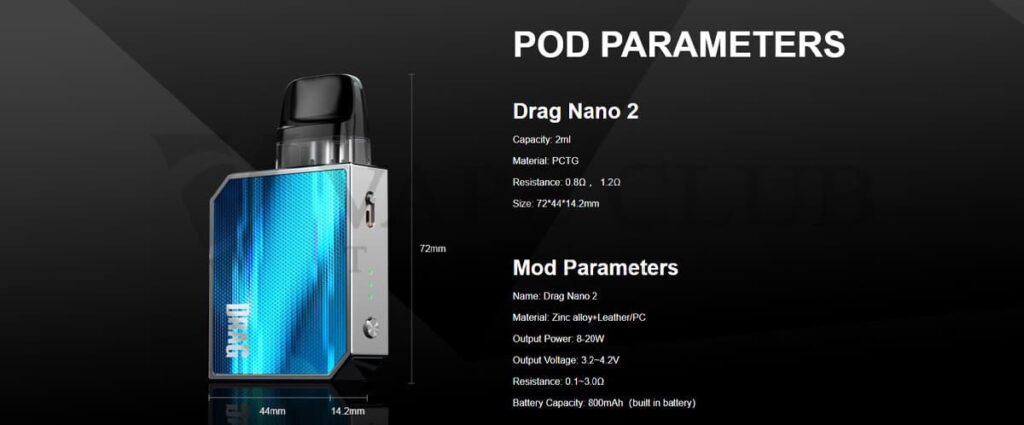 Drag Nano 2 Pod System Kit | 800mAh 20W spec